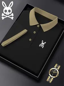 Men's Ff4370 Skull Rabbit Print Polo Shirt, Casual Fitted Short Sleeve, Breathable Elastic Fabric, All-Season Wear, Style