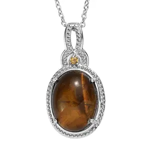 Tigers Eye and  Citrine 9.90 ctw Pendant Necklace in Stainless Steel 20 Inches