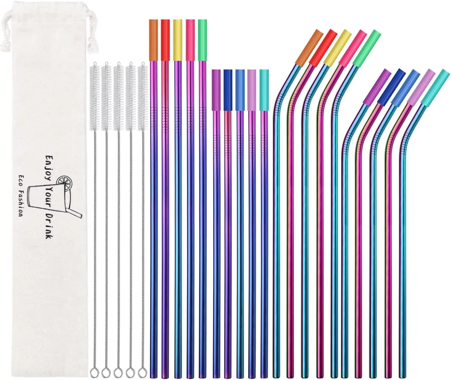 20 count Rainbow Color  Stainless Steel Straws,10.5" & 8.5"  Drinking Straws with 20  Tips 5 Straw Brushes 1 Travel Case, Extra Long Metal Straw for 20 30 oz Tumbler