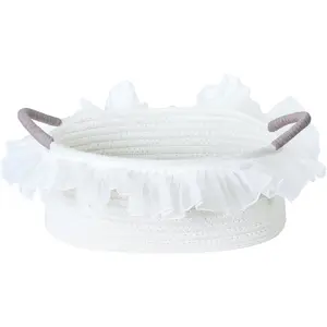 Cotton Rope Gift Basket with Handle– White Woven Storage Basket with Organza Lace, Decorative Bin for Baby Shower, Housewarming, Nursery, Toys, Towels, Baby Accessories, Easter, Holiday Gifts