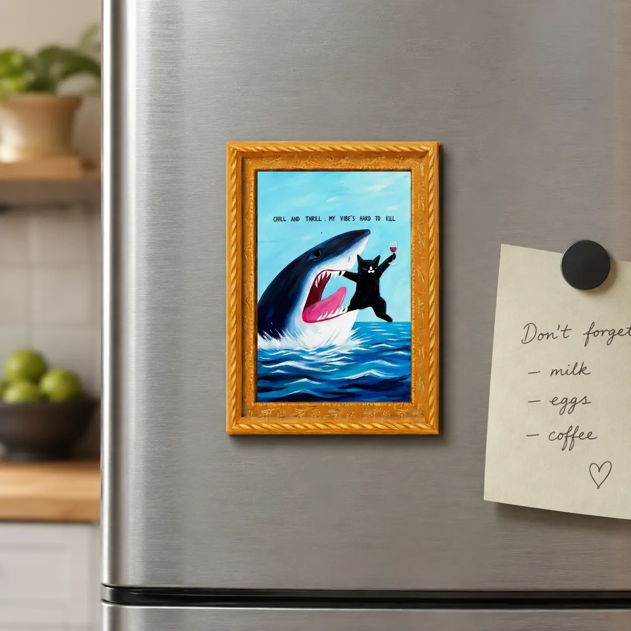 Funny Cat Shark Wooden Fridge Magnet Humorous Black Cat Wine Art Refrigerator Magnet Cute Aesthetic Kitchen Decor
