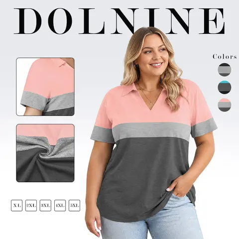 DOLNINE Women's Plus Size Polo Shirt - Lightweight Short Sleeves, Lapel V-Neck, Chic, Comfy Breathable Fabric, Elegant Feminine Minimalist Top, for Everyday Casual Business Wear, 2XL, 3XL, 4XL