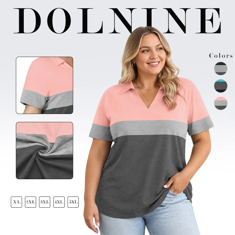 DOLNINE Women's Plus Size Polo Shirt - Lightweight Short Sleeves, Lapel V-Neck, Chic, Comfy Breathable Fabric, Elegant Feminine Minimalist Top, for Everyday Casual Business Wear, 2XL, 3XL, 4XL