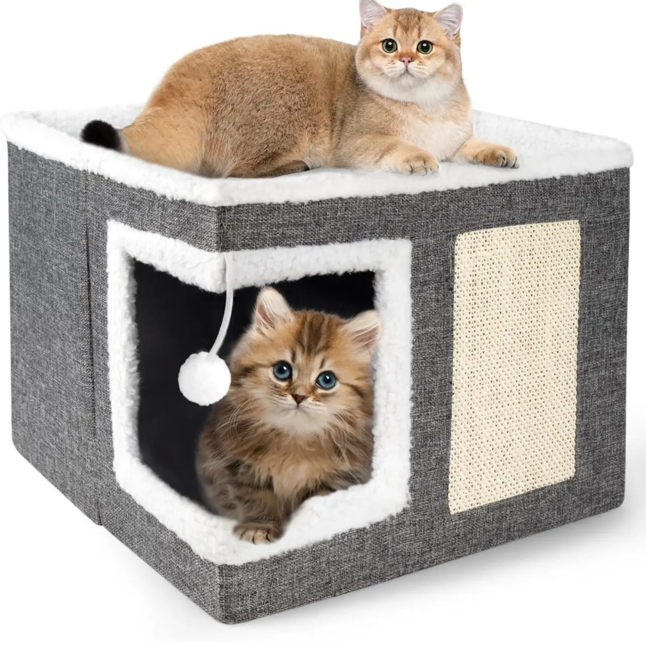 Cat Bed for Indoor Cats Cube House, Covered Cat Cave Beds & Furniture with Scratch Pad and Hideaway Tent, Cute Modern Cat Condo for Multi Small Pet La