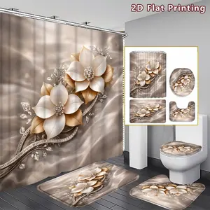 4PCS Elegant Flower Shower Curtain set, Gold and White Floral Bathroom Decor, Accessories with Bath Mat, U-shaped Mat, Toilet Lid Cover, 12 Hooks 180x180cm Curtain, Floral Enthusiast, Home Decor, bathroom accessories