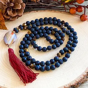 Muladhara Mala; lava stone and tiger eye mala necklace, 108 bead mala necklace, diffuser necklace, red agate, black lava stone diffuser mala