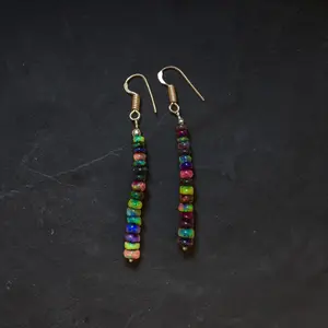 Ethiopian Smoked Black Fire Opal Dangle Earrings | Sterling Silver Plated, Rondelle Beads, 2.5 Inch