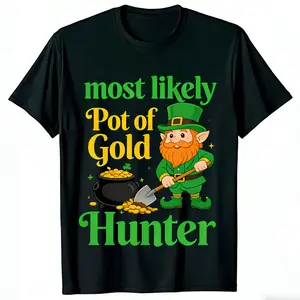 Most Likely Pot of Gold Hunter" St. Patrick's Day Funny Tee, leprechaun with a shovel and gold pot, bold green and yellow text, premium cotton, classic fit.Hilarious for pub crawls, parades, and cheeky Irish-themed fun