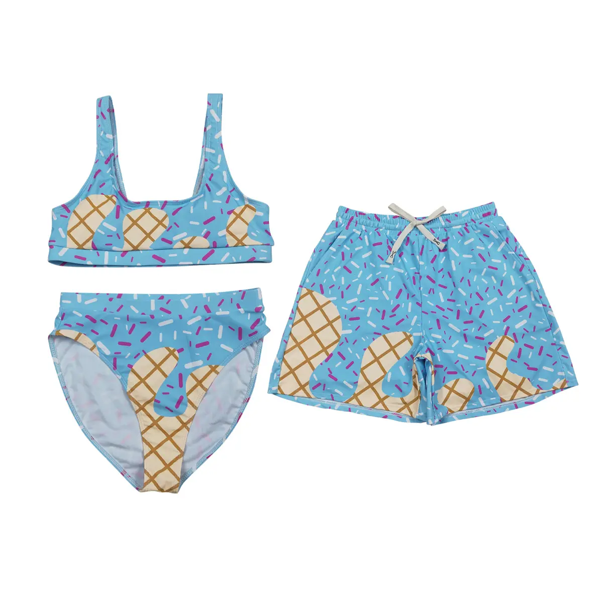 Women's 2-Piece Bandeau Swimsuit Set - Ice Cream Print Baseball Top, Beach Shorts, Matching Fit, Videos, Summer Vibes, Miami Beach Swimwear for Women, Swimsuit For Women