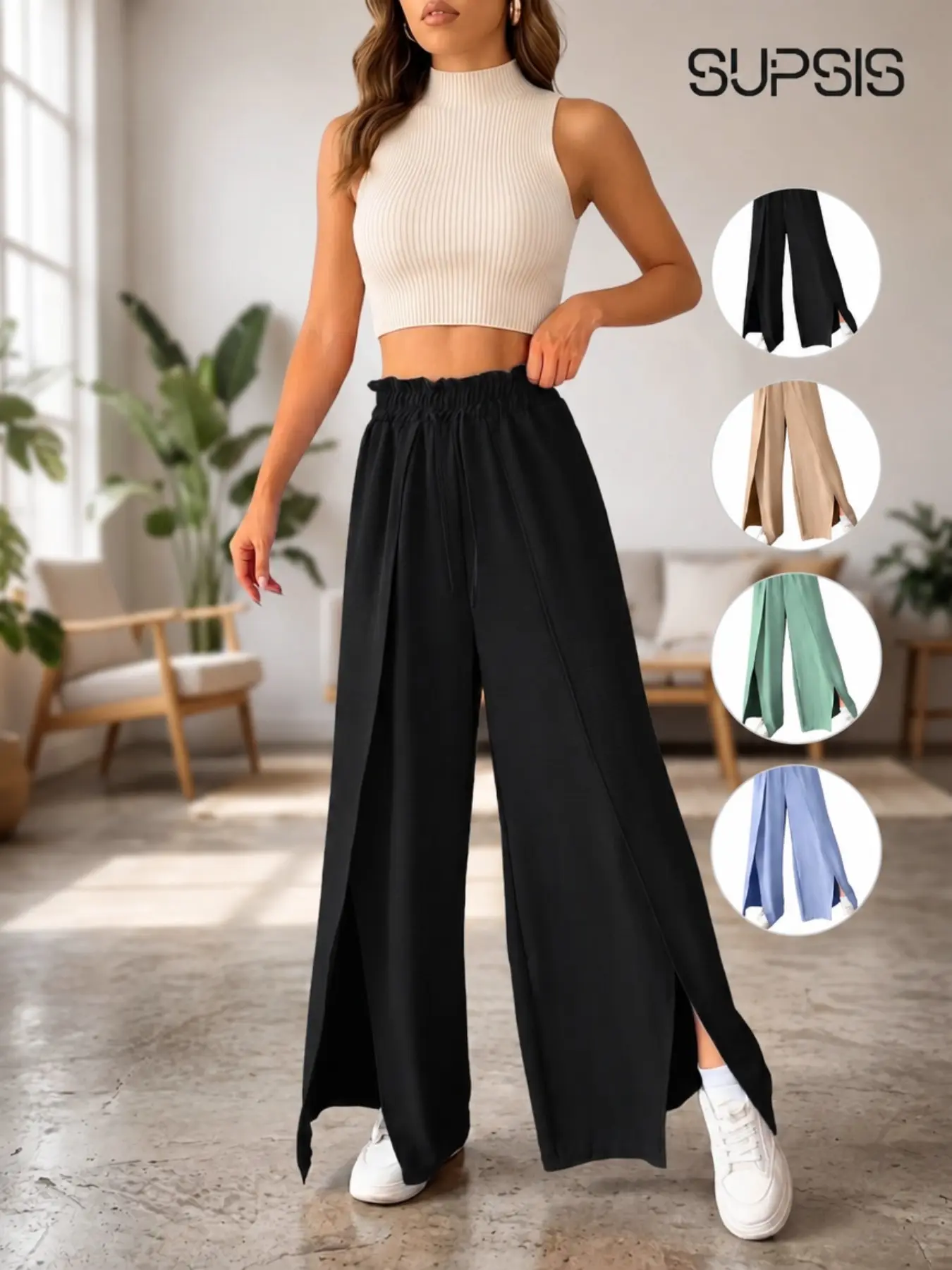 Breezy Summer | Women's Textured High Waist Drawstring Culottes - Casual Beach & Vacation Split Hem Wide Leg Pants