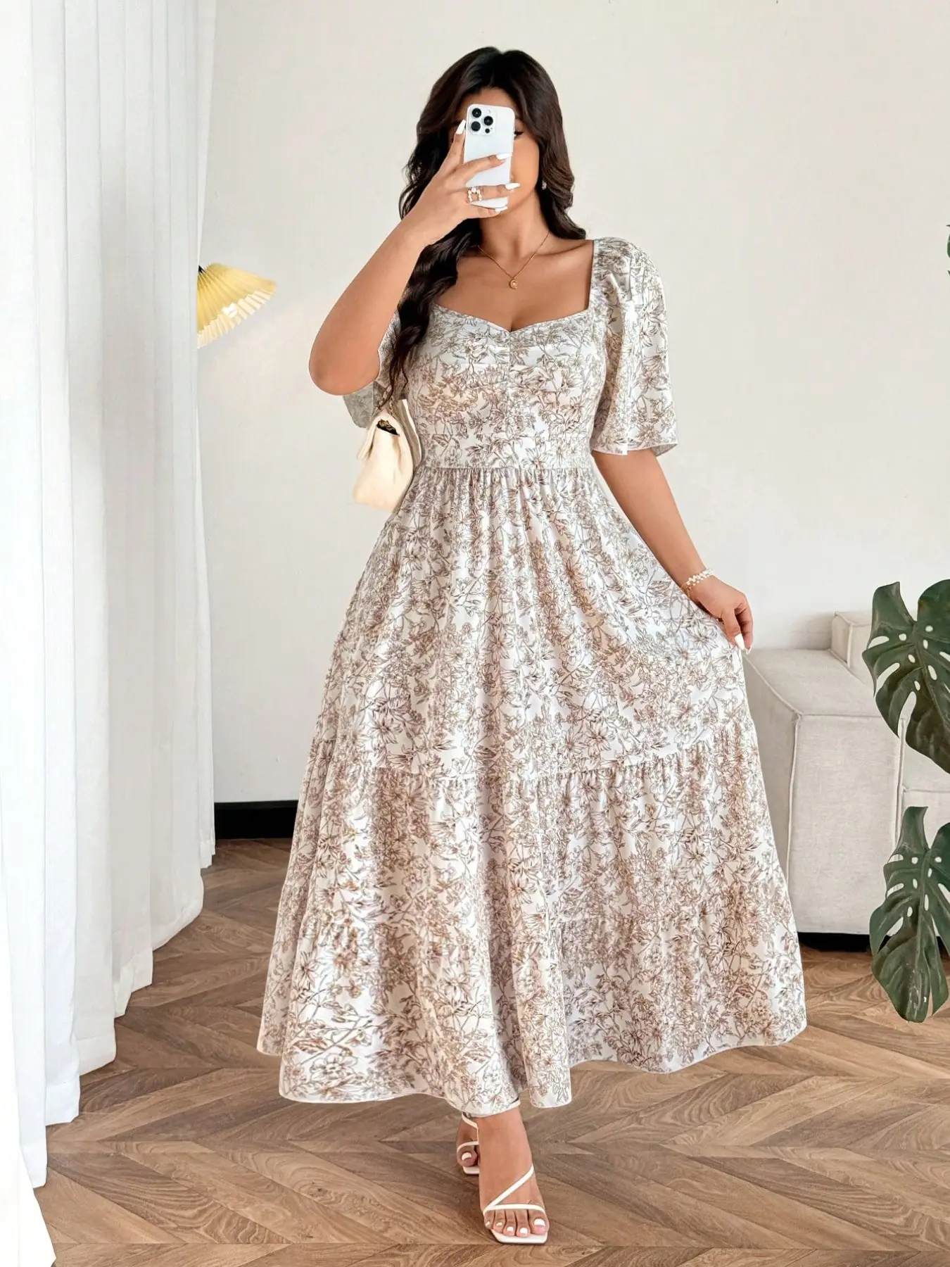 Elegant Floral-Print Square-Neck Short-Sleeve A-Line Long Dress for Women, Summer Casual Wear Boho Printed Dress Bohemian Fashion Plus-Size Clothing with Stylish Tailored Design