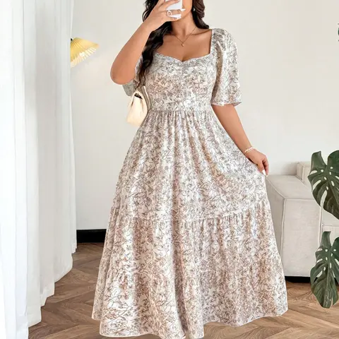 Elegant Floral-Print Square-Neck Short-Sleeve A-Line Long Dress for Women, Summer Casual Wear Boho Printed Dress Bohemian Fashion Plus-Size Clothing with Stylish Tailored Design
