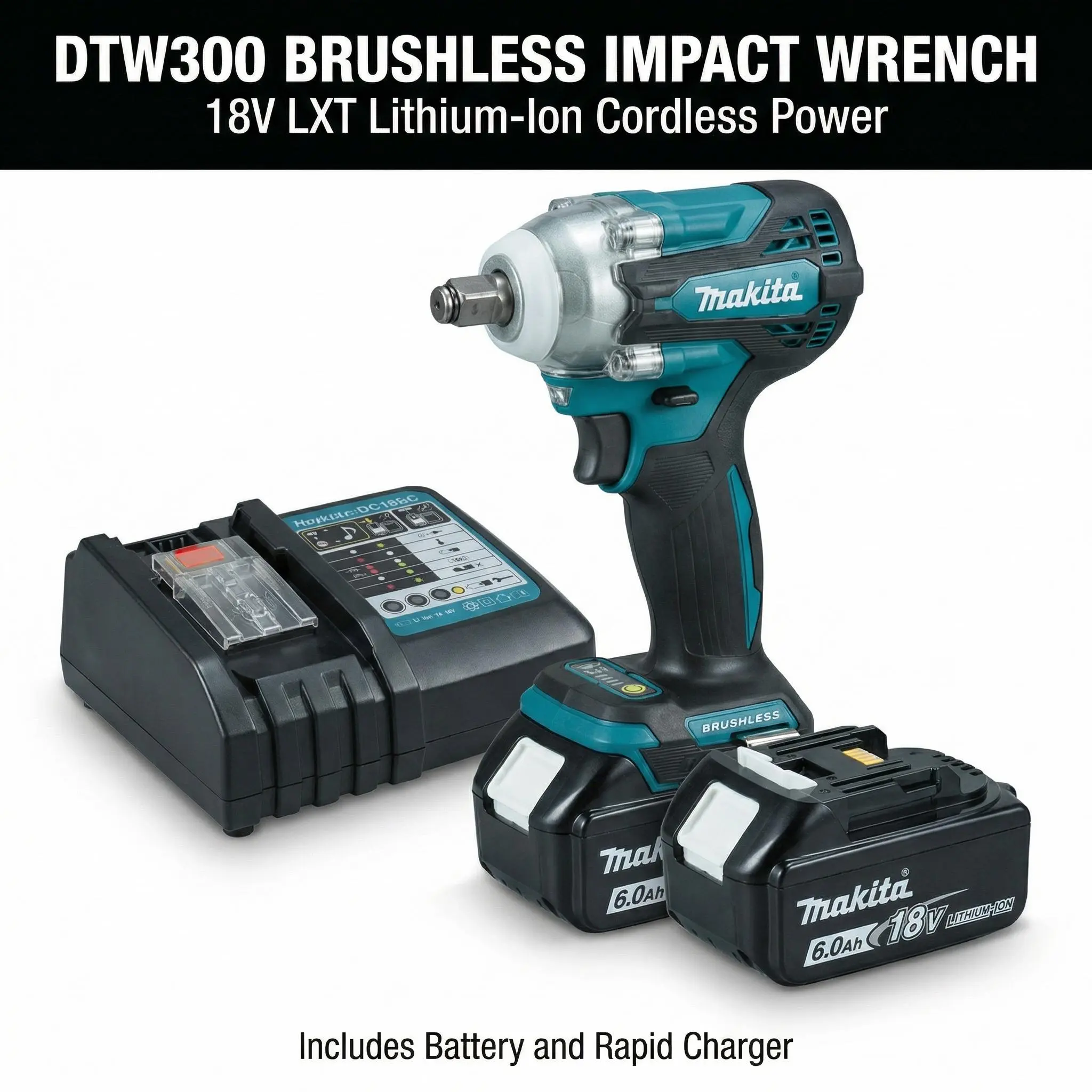 Makita DTW300 18V LXT Lithium-Ion Brushless Cordless Impact Wrench, 330Nm Torque, 6.0Ah Battery & Rapid Charger Included, Heavy-Duty Dual-Purpose Hand Tool for Automotive & Equipment Maintenance