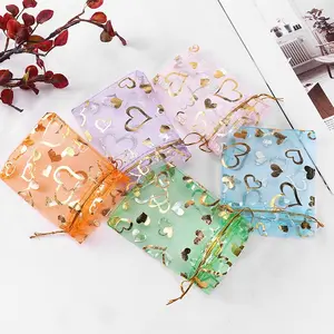 50pcs 7x9cm Mixed Color Drawstring Organza Bags, Gold Foil Embossed Creative Gift Packaging, Candy Bag, Jewelry Bag, Valentine's Day Presents, Party Gift Packs