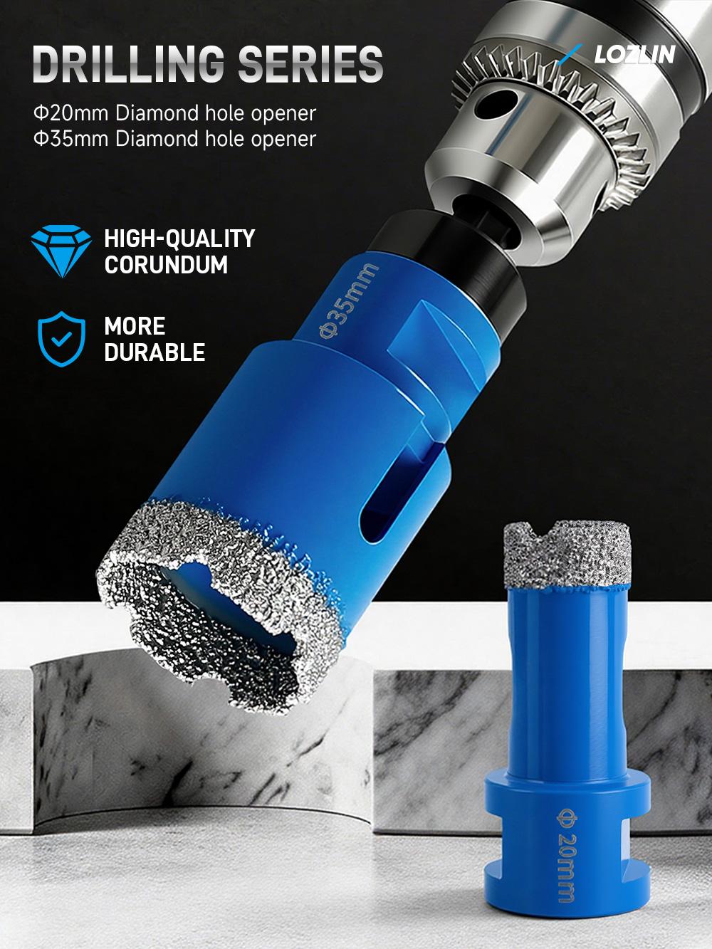 LOZLIN 17PCS Diamond Tool Kit for Tiler, Professional Drill Bits, Saw Blades, Polishing Pads, Chamfer Drill & Milling Bits for Cutting & Grinding Porcelain, Glass, Marble, Quartz & Stone