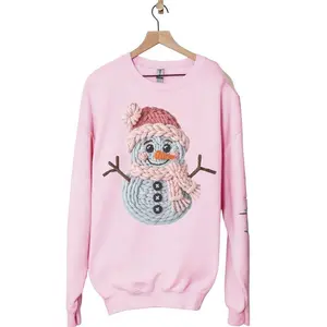 FAUX CROCHET SNOWMAN WITH PINK SCARF CHRISTMAS SWEATSHIRT Long Sleeve Crewneck or Hoodie Grunge Alt Aesthetic Edgy Streetwear Womenswear Everyday Pullover Halloween Piece Statement Style Sweatshirts