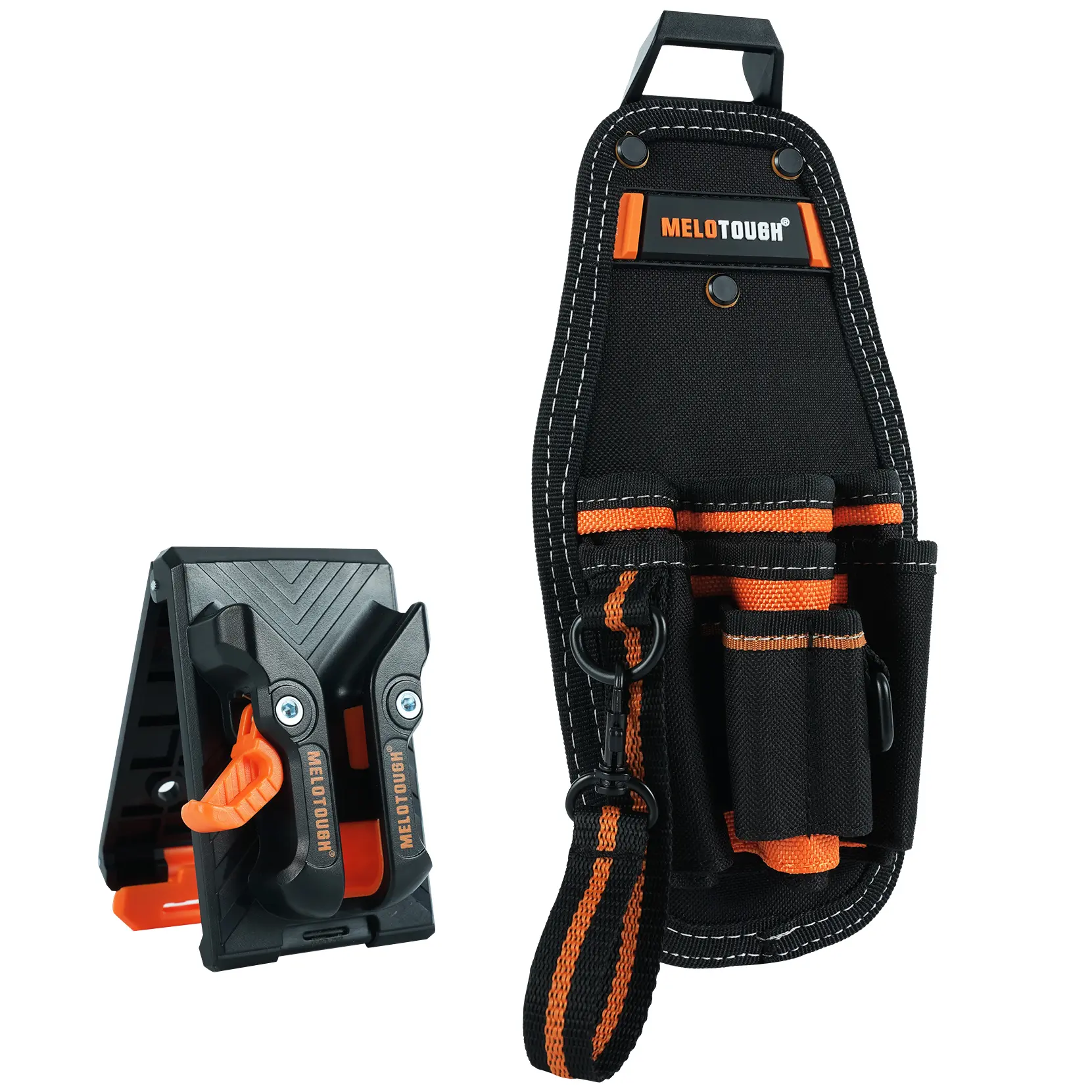 MELOTOUGH Small Tool Pouch with Quick Release Belt Clip, Heavy Duty Portable Tool Belt Pouch, Mini Work Organizer with Tape Thong Strap, Work Accessories for Tools Vest Hammer Holder