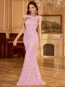 Women's Elegant One Shoulder High Waist Mermaid Dress, Formal Wear, Lace Embroidery, Sequins, Fit, Chic, Perfect for Weddings, Parties, Graduation Balls