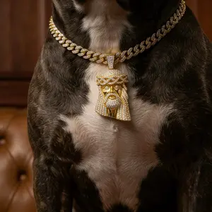 Durable Zinc Alloy Cuban Link Pet Collar With Jesus Pendant Withstands Daily Play And Travel