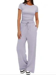 2026 Women's Solid Round Neck Tee & Pants Loungewear Two/Six Piece Set, Casual Comfy Pyjama Set for Women, Comfy Loungewear Set for Daily Home Wear, Pajamas