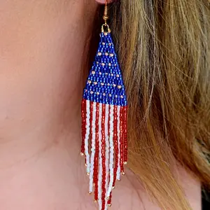 American Flag Hand-beaded Fringe Earrings