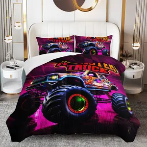 3pcs Monster Truck Comforter Set, Racing Car Duvet Set for Girls and Adults Bedroom or Guest Room Decor, Lightweight Soft All Seasons Comforter Machine Washable Microfiber Quilt with 2 Pillowcases , Gifts for the Family