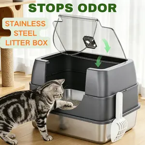 EcoJoy Pets Large Stainless Steel Cat Litter Box, Enclosed High Wall Odor Control Metal Tray, Flip-Top Lid for Easy Cleaning, Fits Big Cats up to 20lbs