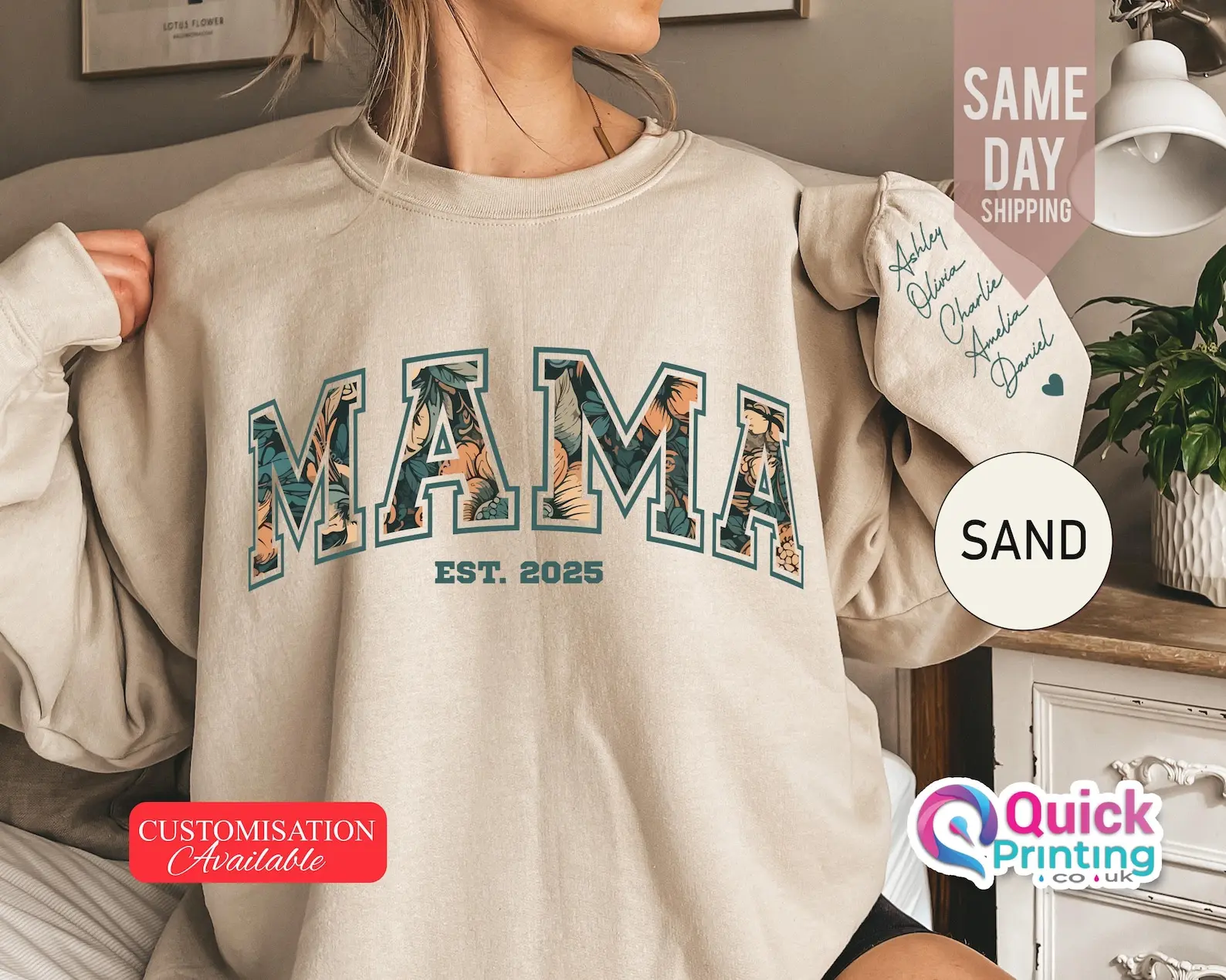 Mama Sweatshirt with Name on Sleeve, Mothers Day Jumper, Personalized mama jumper, Christmas Gift for Mama