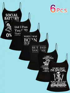 6 Piece Set Sarcastic Gothic Tank Tops, Sleeveless Spaghetti Strap Skeleton Print Dark Fun Casual Vacation Home Wear, Anti-Social Slogan Clothing