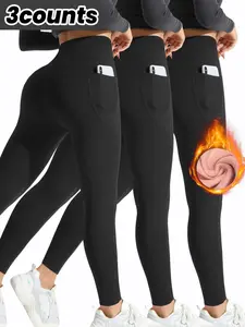 Women's Solid High Waist Thermal Lined Knitting Leggings, Casual Tight Fit Medium Stretch Comfy Soft Warm Skinny Pants for Fall & Winter, Women's Bottoms for Daily Wear