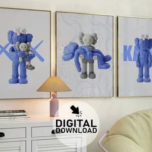 Blue Kaws Art Prints Set of 3 Minimalist Room Decor & Unique Gift Idea for Hyper Style Lovers