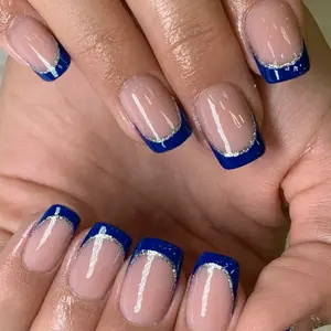 24pcs Short Square Press-On Nails, Blue French Style Glitter Design, Ballerina Shape, Reusable Nail Art for Parties and Daily Wear