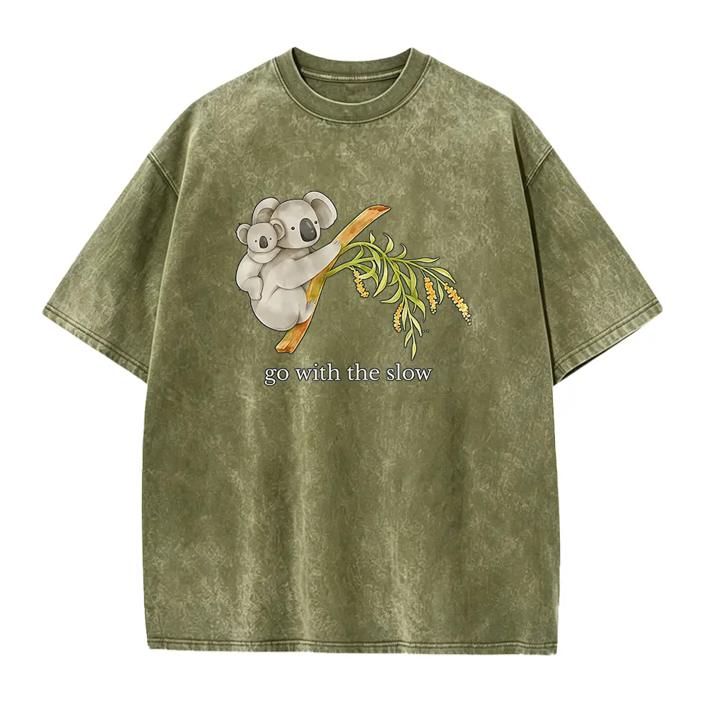 Koala Graphic T-Shirt for Women, Casual "Go With The Slow" Aesthetic Shortsleeve Top in a Smooth, Seamless Cotton Fabric, Solid, Basic, Fitted, Round Neck, Soft