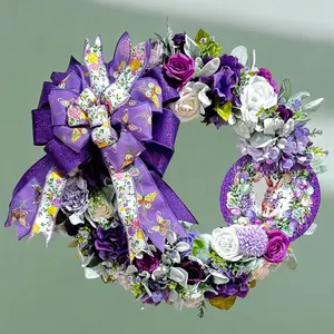 Happy Easter Bunny Purple Rose & Hydrangea  Front Door Wreath