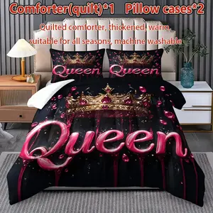 Glam Queen Crown Bedding Set, Quilted Comforter & Pillowcases, Thickened All-Season Warm Bed Decor, Cotton Material, No Ca Prop 65