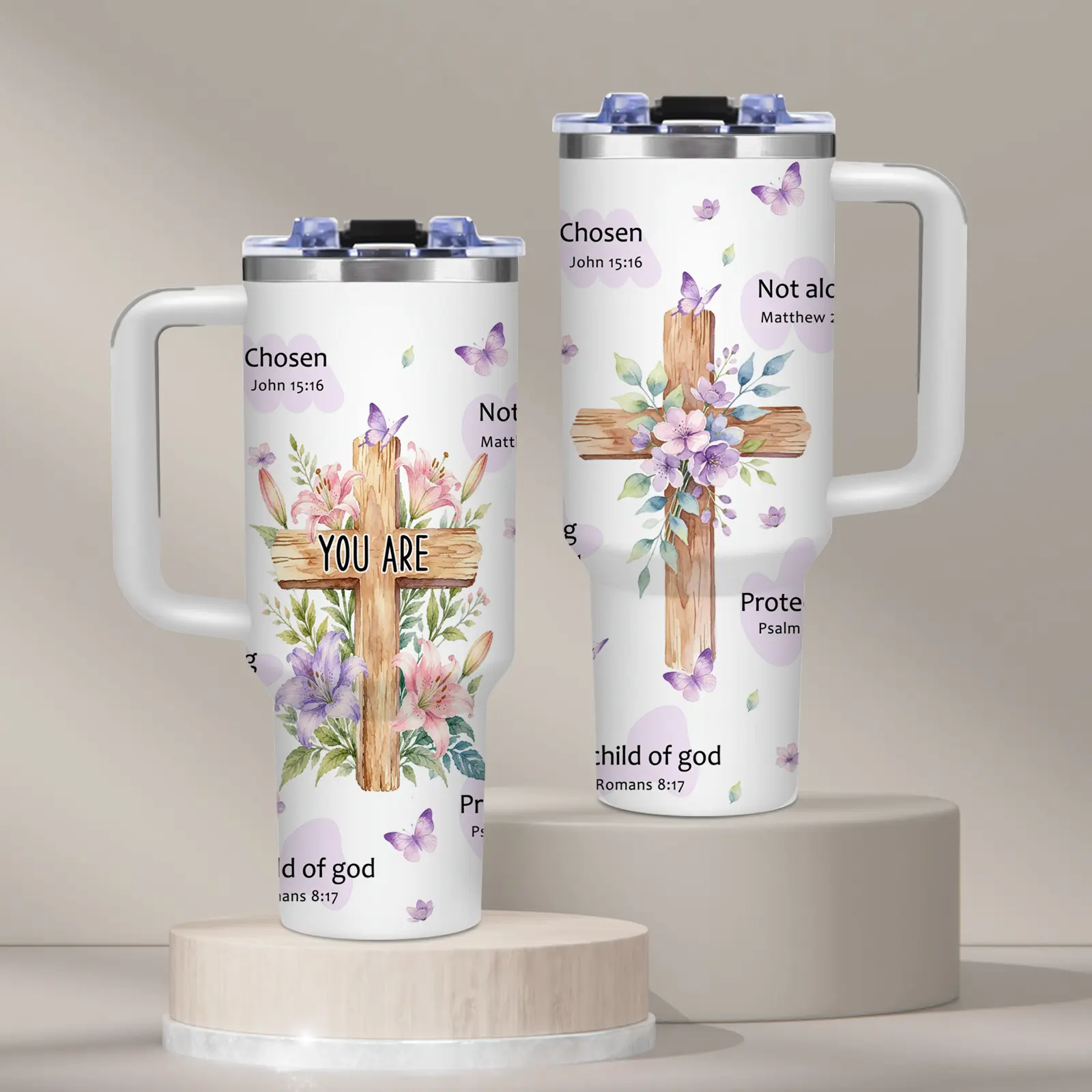 Christian Cross with Flowers, 40oz tumbler with handle, iced coffee cup, watercolor floral design, Faith Lover Gift, for home and travel, Birthday Gift, Summer, Travel Mug, Stainless Steel Vacuum Insulated Water Bottle, Tumbler Gift for Women and Men