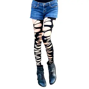Millennials In Motion Tattered Ripped Tights Footless Leggings for Gothic Emo Punk Style with Mesh Details Stretchy One Size Fits Most Comfortable Fishnet Hollow Out