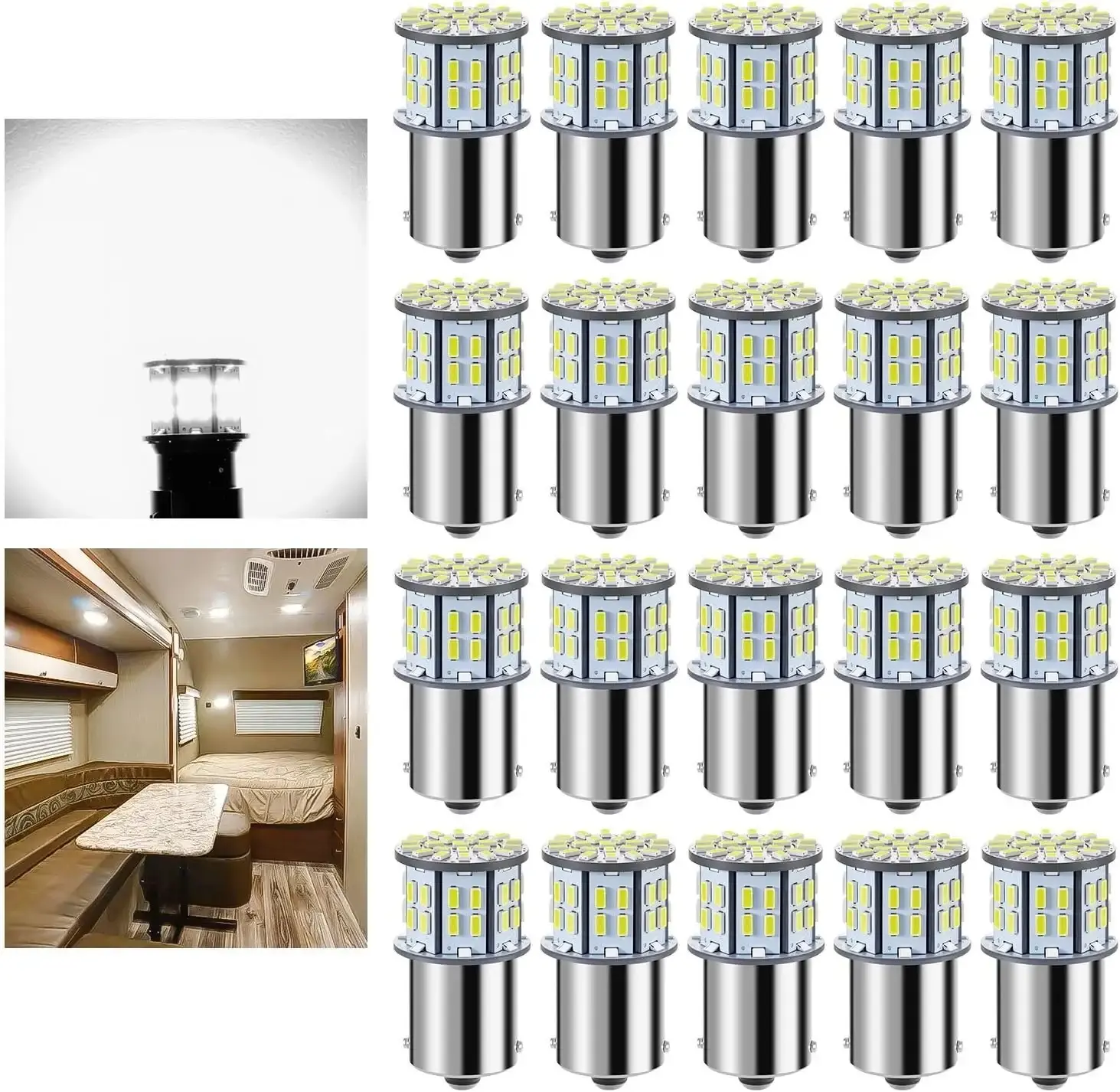 20-Pack BA15S LED Car Lighting Bulbs, 1156/1141/1003/7506 Models, 12V Xenon White 3014 50-SMD, 1.7" x 0.7", for RV Camper Parking, Tail, Brake & Turn Signal Lights, Parking Lights, Tail Lights