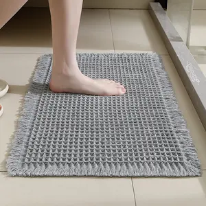 Soft Microfiber Bath Mat, Super Absorbent Waffle Texture, Non-Slip Bathroom Rug with Fringe, Transparent Rubber Bottom, Bathroom Drying Doormat