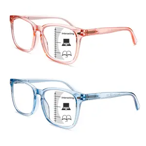 2-Pair Progressive Multifocal Blue Light Blocking ReadingGlasses Spring hinge design fits all face shapes Triple-leveladjustable vision for work and reading Pink-blue colorcombo makes them perfect couple accessories Top choicefor holiday gifts