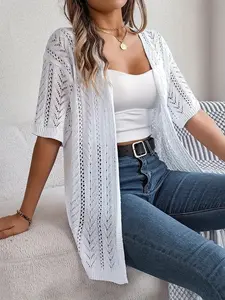 【Plus Size】 Solid Color Hollow Out Open Front Cardigan, Casual Short Sleeve Knitwear for Daily Wear, Women's Plus Clothing for All Seasons, Tops