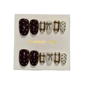 Handmade Nail Fall Press On Nails with Chrome - Brown and White Polka Dot Design for Seasonal Style