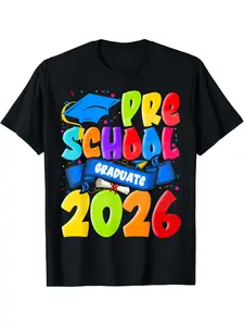 1Preschool Graduate 2026 T-Shirt for Boys & Girls - Pre-K Graduation, 100% Cotton Tee with Preshrunk & Double-Needle Stitching, Round Neck Short Sleeve Top for Preschool Party Gift