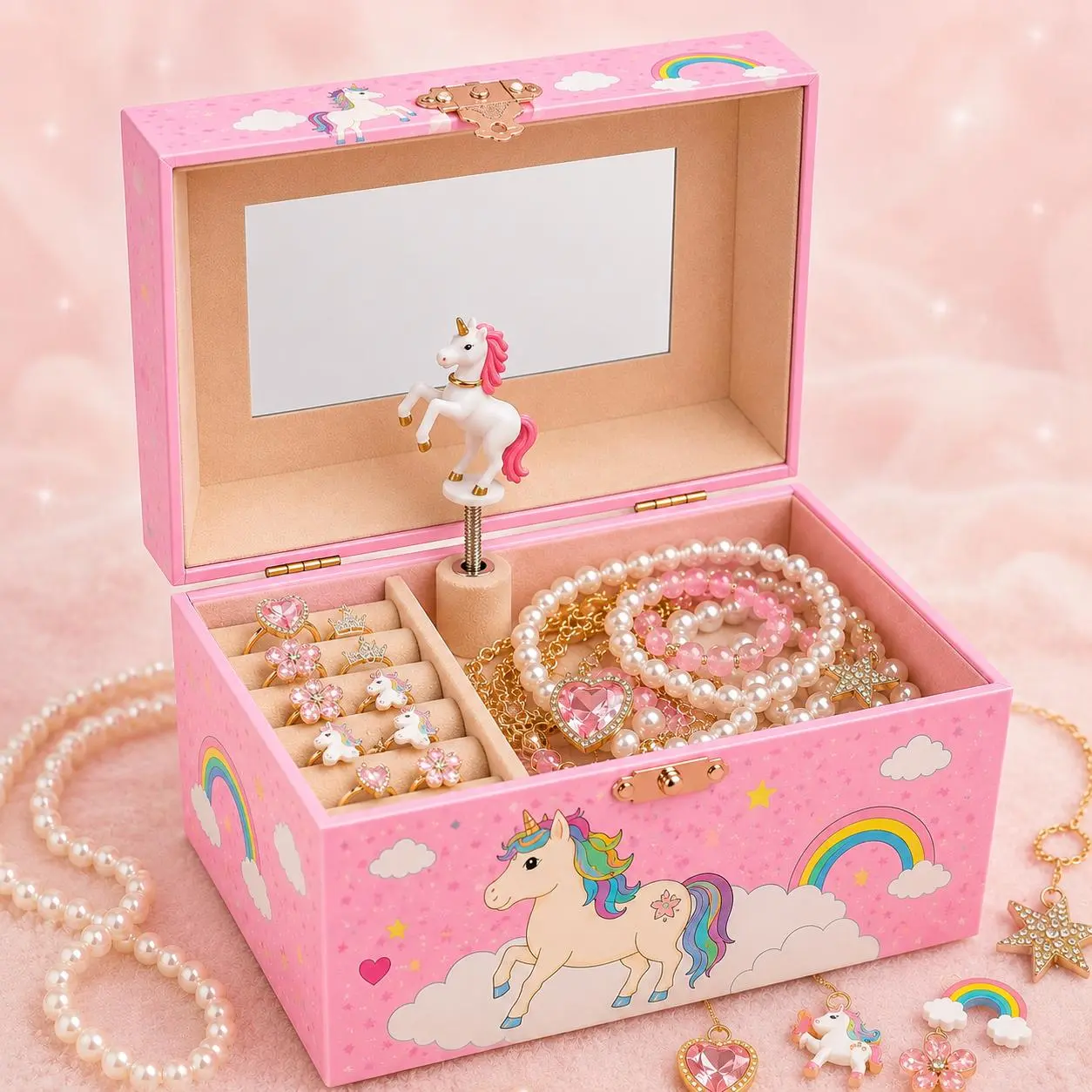 Unicorn Musical Jewelry Box for Girls 3-8 – Pink Wooden Music Box with Spinning Unicorn, Mirror & Jewelry Storage, Cute Birthday Christmas Gift for Kids
