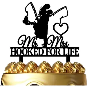 Funny Fishing Wedding Cake Topper - HOOKED FOR LIFE - Groom Hugging Bride Fishing Couple Cake Topper, Mr&Mrs Wedding Cake Topper (Fishing Couple)