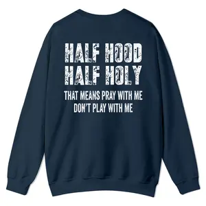Half Hood Half Holy Jesus crewnecks for men and women, full color fall sweatshirts, fun and cozy patterned sweaters, unisex fall clothing