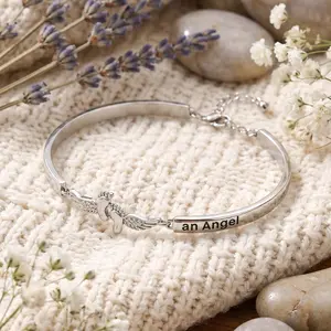 Wing Charm Bangle Bracelet, Polished Silver Tone Adjustable Wrist Jewelry, Delicate Sentimental Style for Women