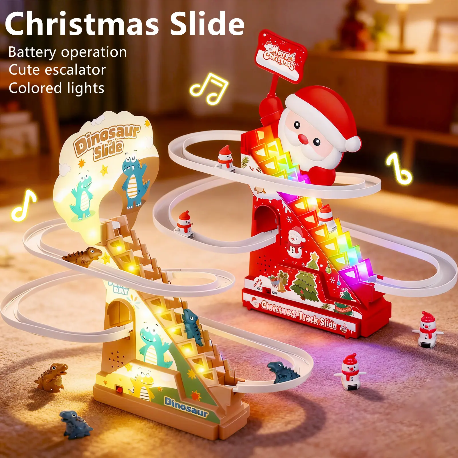 Christmas gifts for children: electric Santa Claus toys, ladders with music and lights. Christmas decoration animation, Christmas party holiday decoration. The best Christmas gift for children