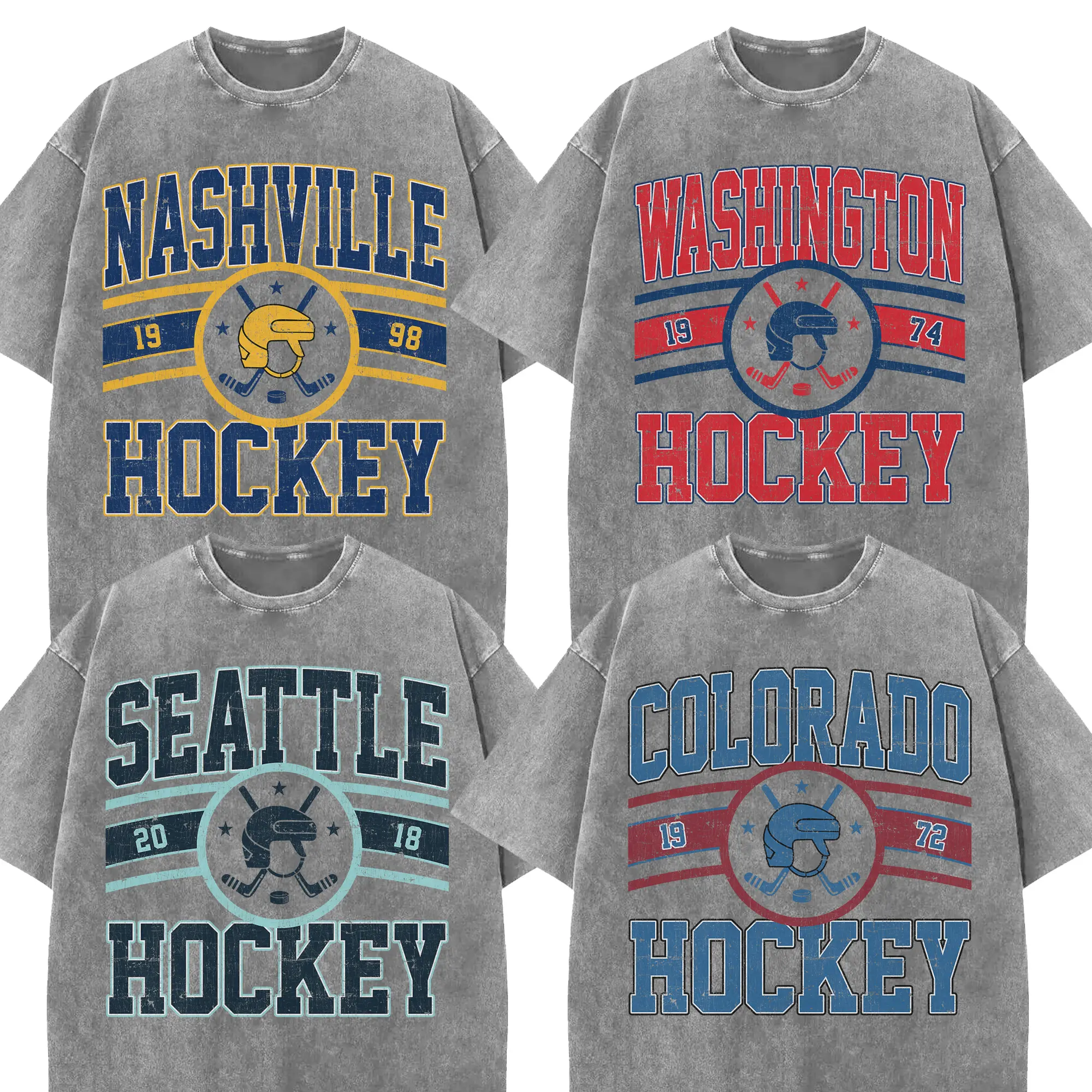 Vintage All Team Hockey Wash T-shirt, Classic Sport Grey Acld Washed Shirt, Ice Hockey Menswear Street Wear
