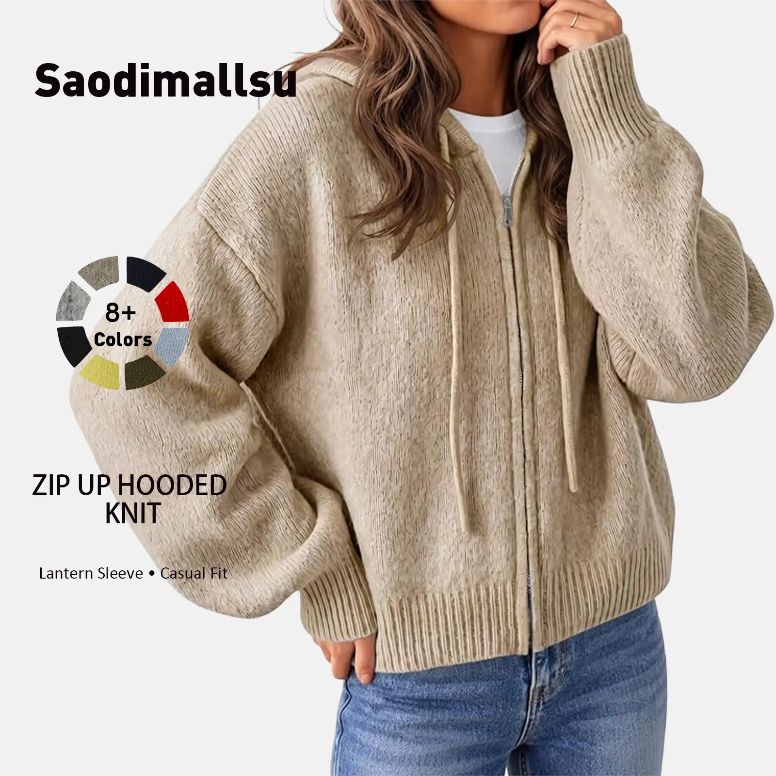 Saodimallsu Women's Lantern Full-Sleeve Zipper Hooded Knit Cardigan Jacket, Breathable Loose-Cut Fabric Outerwear, Casual Cardigan for Women (Knitwear Collection)